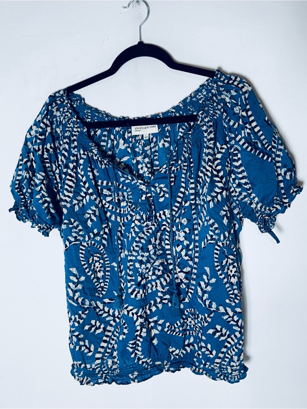 Jones New York Sport Blue Smocked Cotton Puff Sleeve Bubble Hem Peasant Top L
